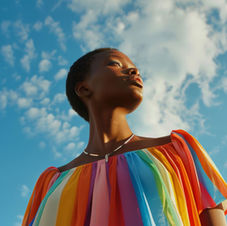 A person wearing a colorful shirt reflecting tribal colors