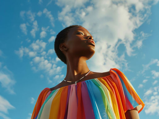 A confident person with a rainbow colored shirt
