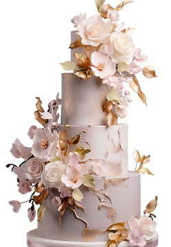 Gâteau de mariage à quatre étages décoré de fleurs roses et dorées. LocaVibe.
