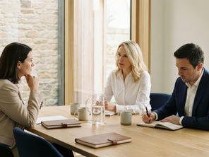 Three professionals in a bright conference room discuss notes at a wooden table, with notebooks, mugs, and a water pitcher.