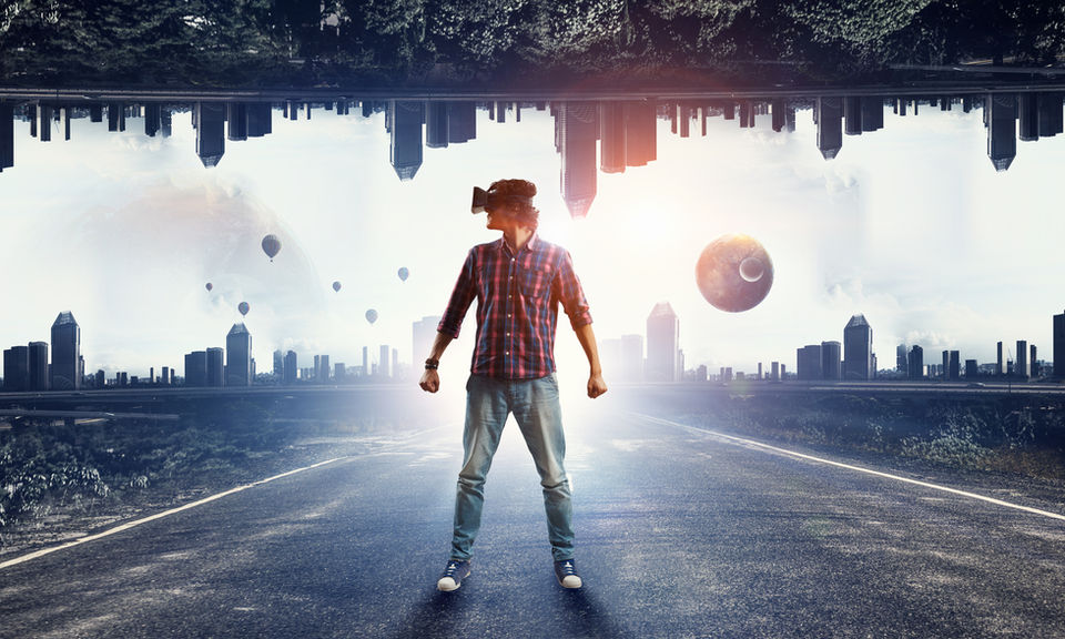 illustrazione con universo futuristico con persona che indossa un visore VR