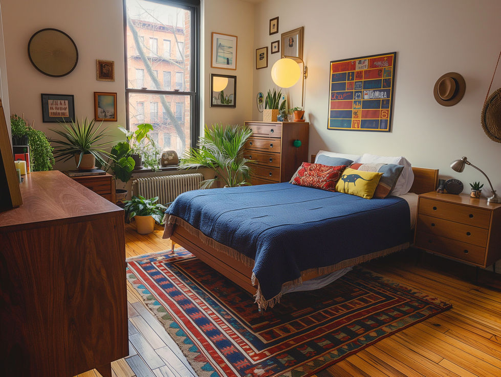 Modern urban apartment bedroom with plants and blue bedding