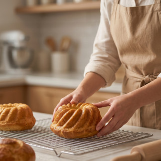 A woman placing a pastry on a cooling tray.