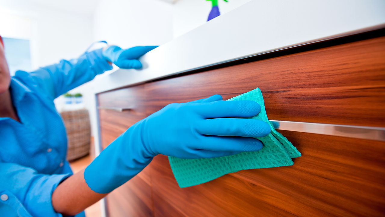 Close-up of a woman cleaning kitchen cabinets