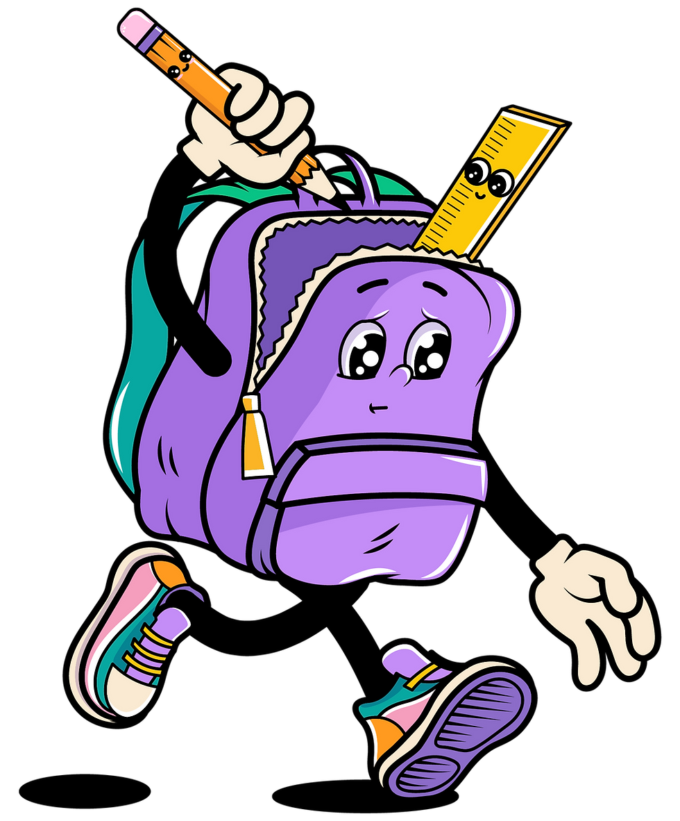 Animated purple backpack with eyes walks cheerfully. A smiling pencil and ruler peek from its top. Colorful background with no text.