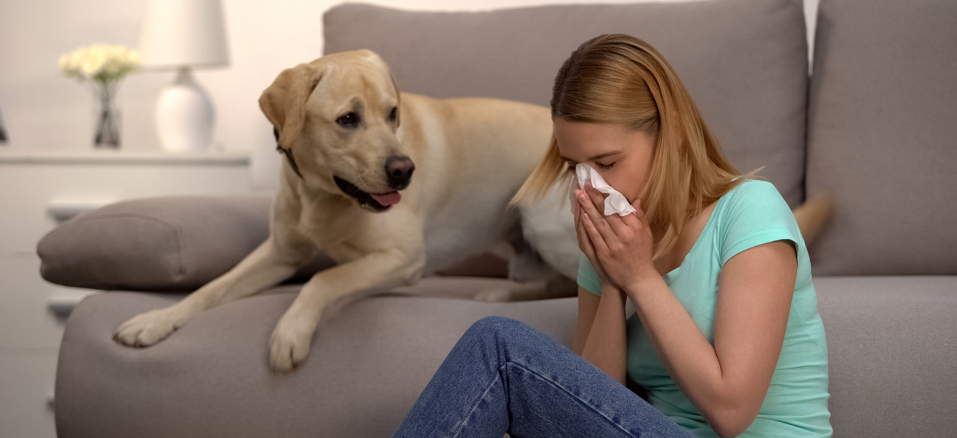 Woman sitting on the living room floor sneezing into a tissue next to a sofa, demonstrating violent coughing or allergy sneezing.