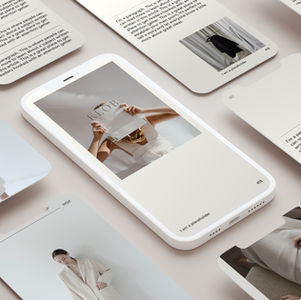 A digital collage of clothing images and text on smartphones. Neutral colors and minimalist design, with visible text reading "KLOB."