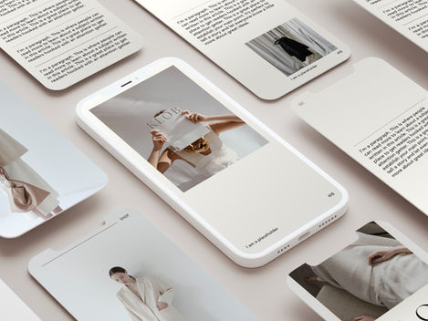 A digital collage of clothing images and text on smartphones. Neutral colors and minimalist design, with visible text reading "KLOB."