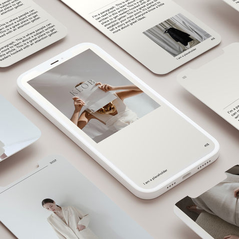 A digital collage of clothing images and text on smartphones. Neutral colors and minimalist design, with visible text reading "KLOB."