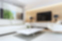 Modern living room with a large wall-mounted TV on a light wood accent wall with white furniture