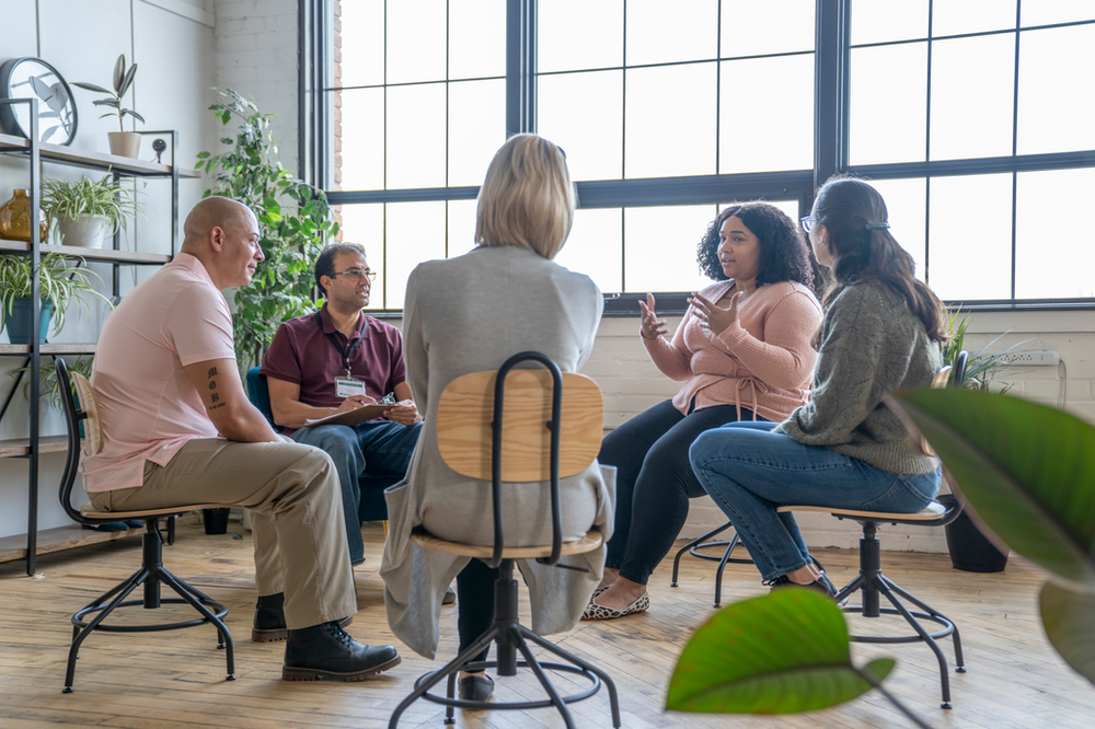 a group of people talking