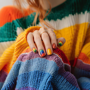 Pessoa com um suéter colorido de arco-íris e unhas decoradas com as mesmas cores do arco-íris.