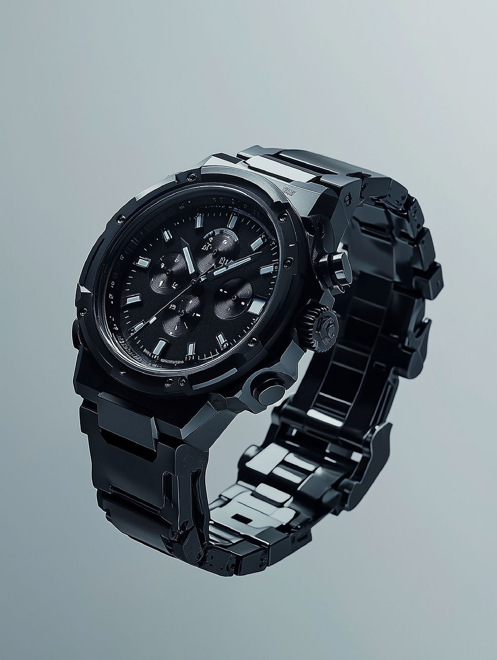 Image of a black metal watch against a grey background