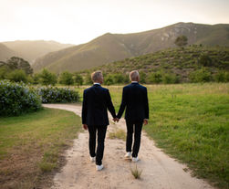 Two men in suits holding hands while walking towards mountains.