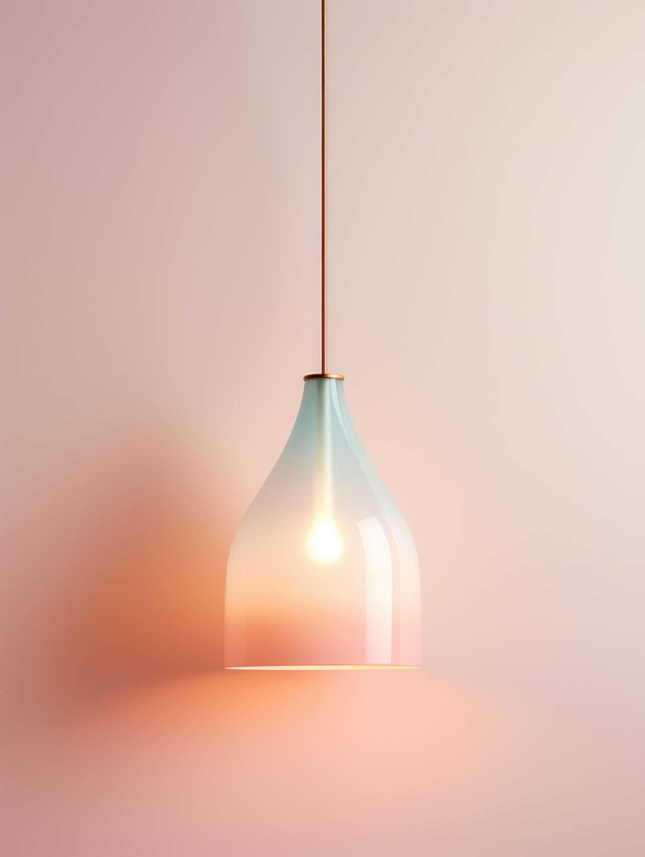 Závěsná lampa v jemných pastelových tónech na světle růžovém pozadí.