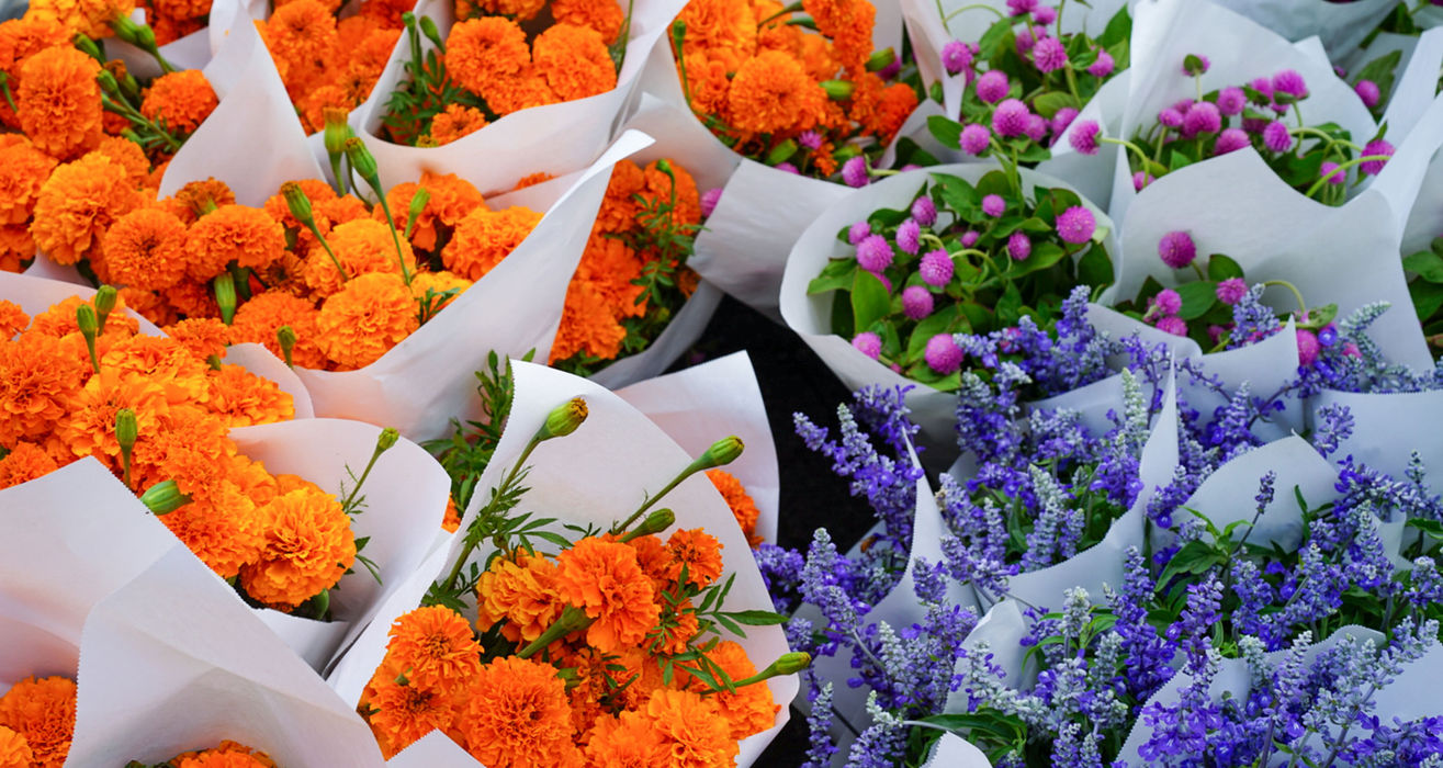 Sträuße mit orangefarbenen und violetten Blumen