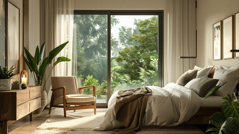 A neutral calm and natural feeling bedroom with a bed on the right and an armchair on the left, a jungle-type garden is seen through the sliding doors