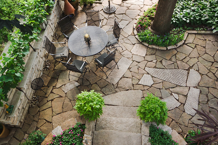Subject: A high angle view of a backyard patio
