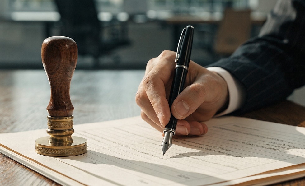 Mão a assinar documento legal com carimbo de processos administrativos tributários