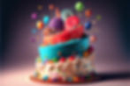 Festive three-tier cake with colorful icing, balloons, and candy, adorned with stars and swirls, creating a joyful celebration mood.