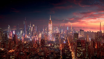 Nachtelijke skyline van de stad