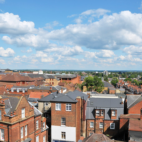 Elevated view looking down upon the roof tops of buildings in St.Albans, Hertfordshire, UK