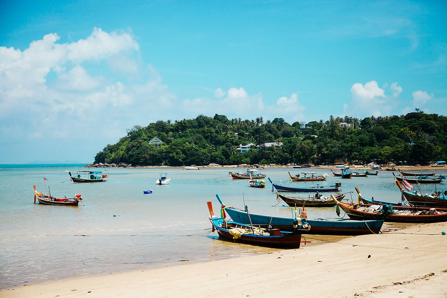 A lot of long tail boats at the beach