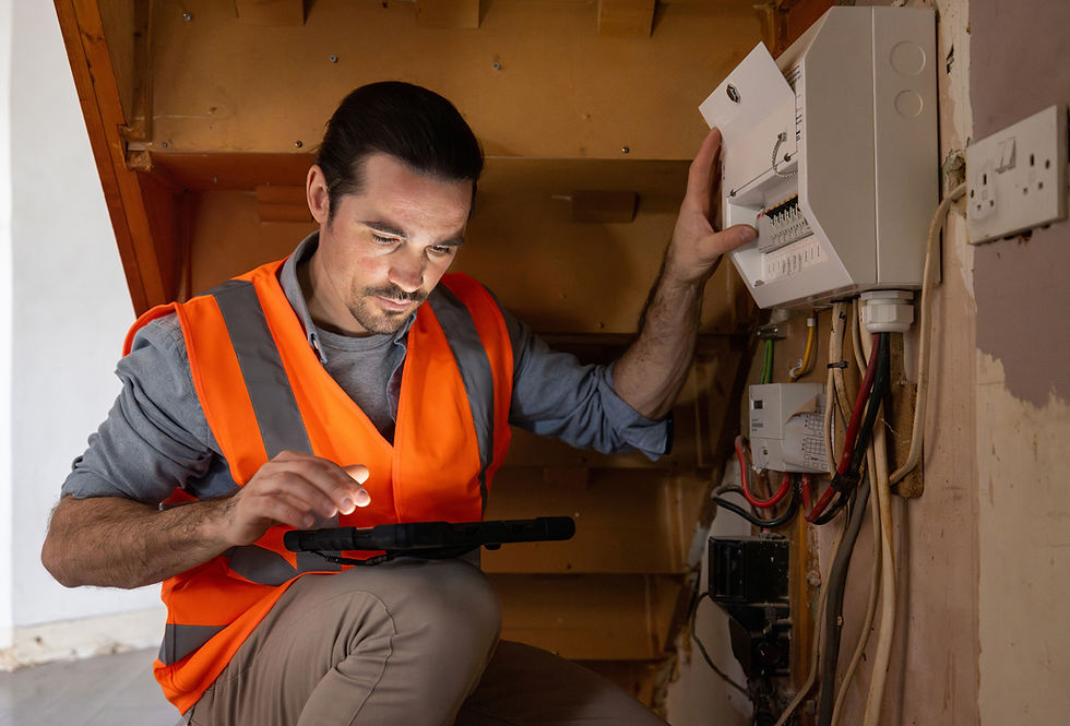 Electrician using a digital tablet while repairing a fuse box at a house