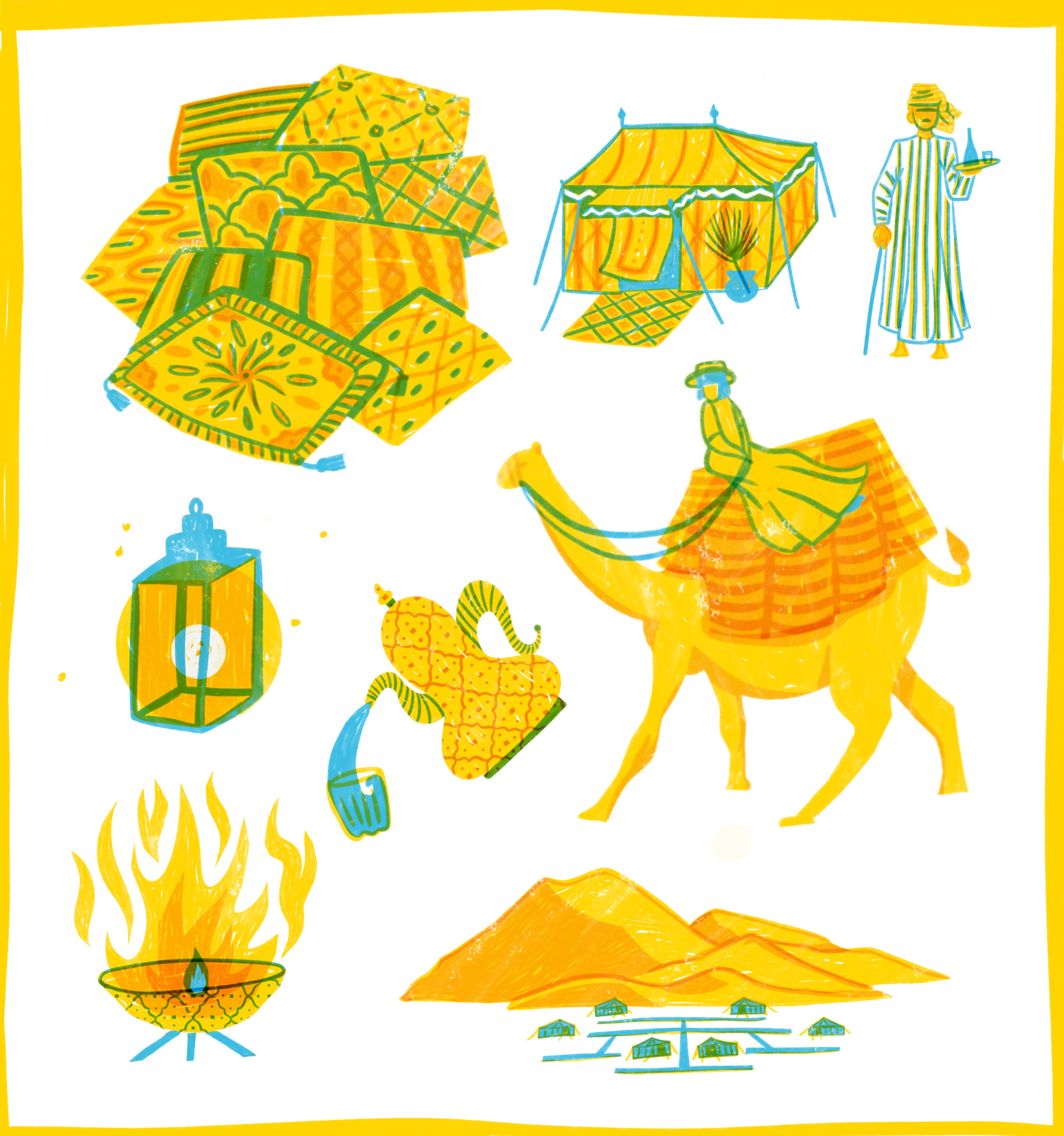 illustration of tourists activities in erg chebbi morocco sahara