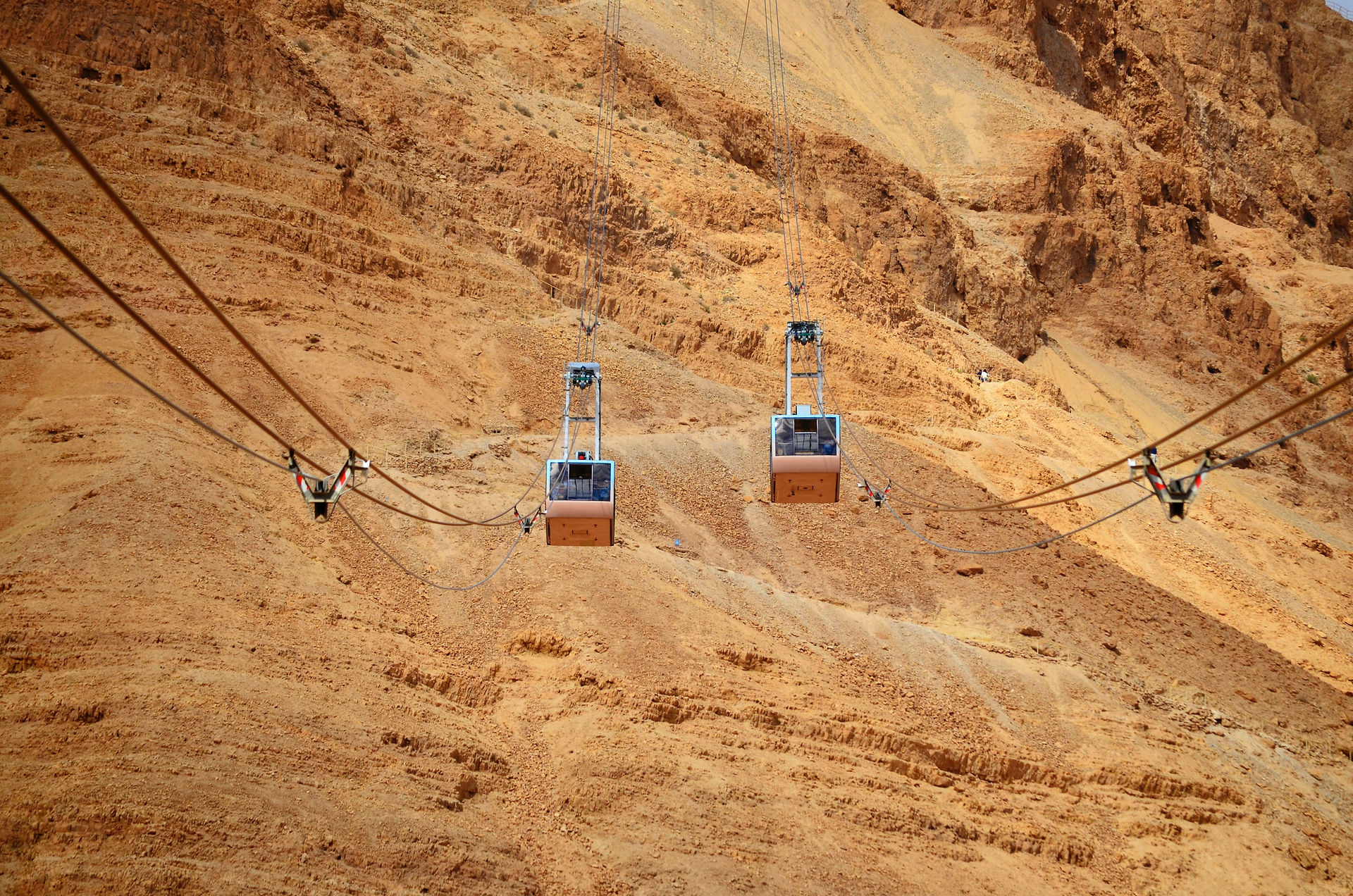 Two orange Masada cable cars ascending the mountain with a panoramic view of the rugged desert landscape, providing accessible travel options.