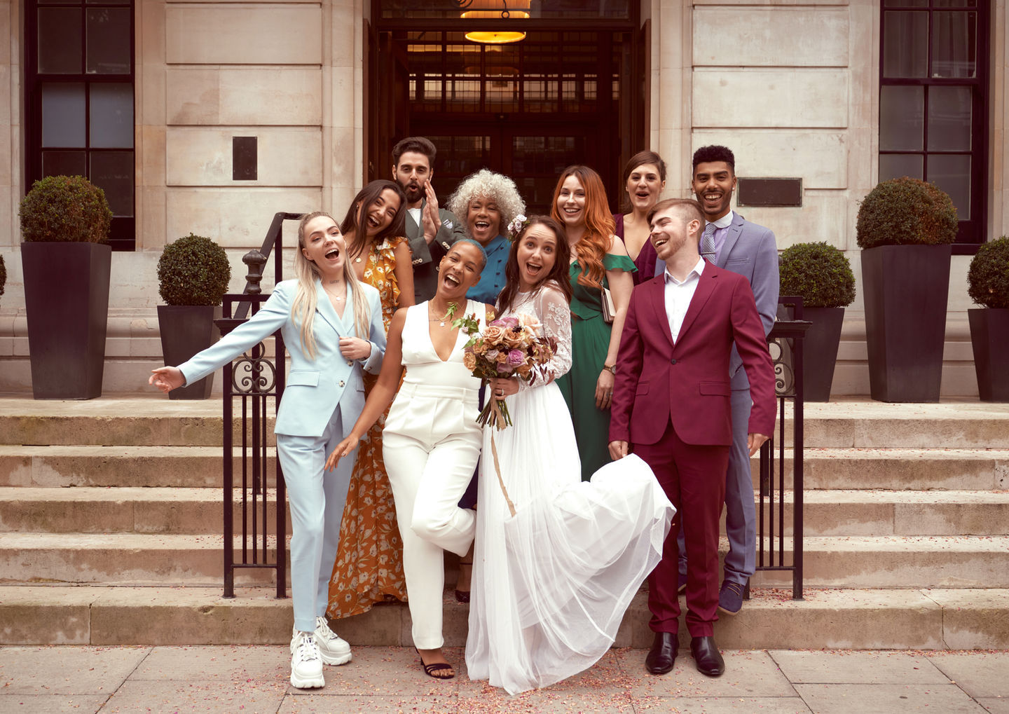 Wedding Photography by Blake Ferguson depicts Party Members outside of a Church in Ontario, Canada.