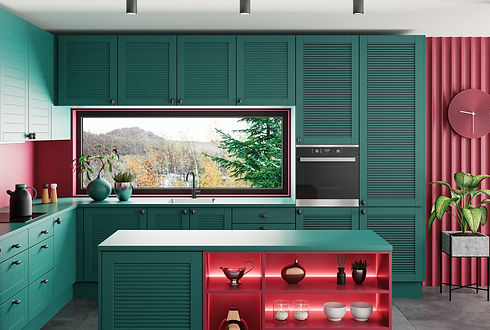 Modern kitchen with teal cabinets and an island featuring glowing red shelves