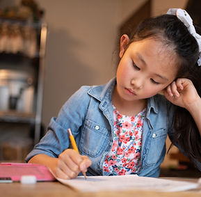 Young female student in denim jacket focused on studying with pencil in hand
