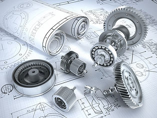 A collection of gears and mechanical parts is displayed on detailed engineering blueprints