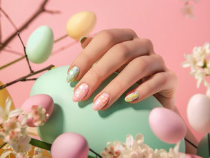 Hand with pastel Easter nail art gently holds a mint egg amidst pink, yellow, and green eggs, surrounded by white flowers on a pink background.