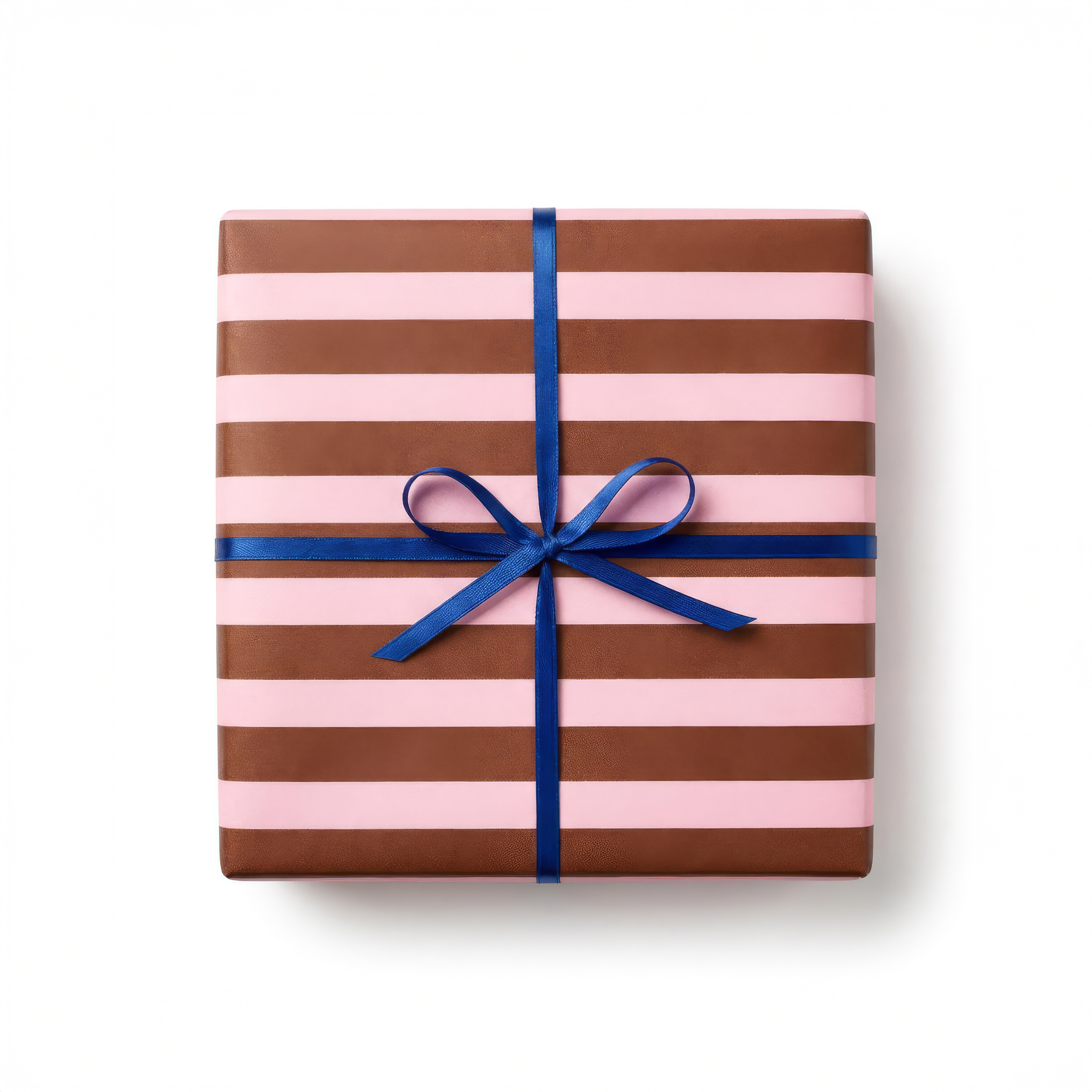 Rectangular gift box with pink and brown stripes and a blue ribbon bow on top.