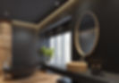contemporary minimalist bathroom with black wooden walls and large grey matte and wood eff