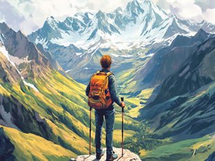 Wanderer vor einem Bergpanorama