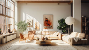 Sunlit living room with beige sofas, modern art, plants, and wooden decor. Large windows illuminate the cozy, serene space.