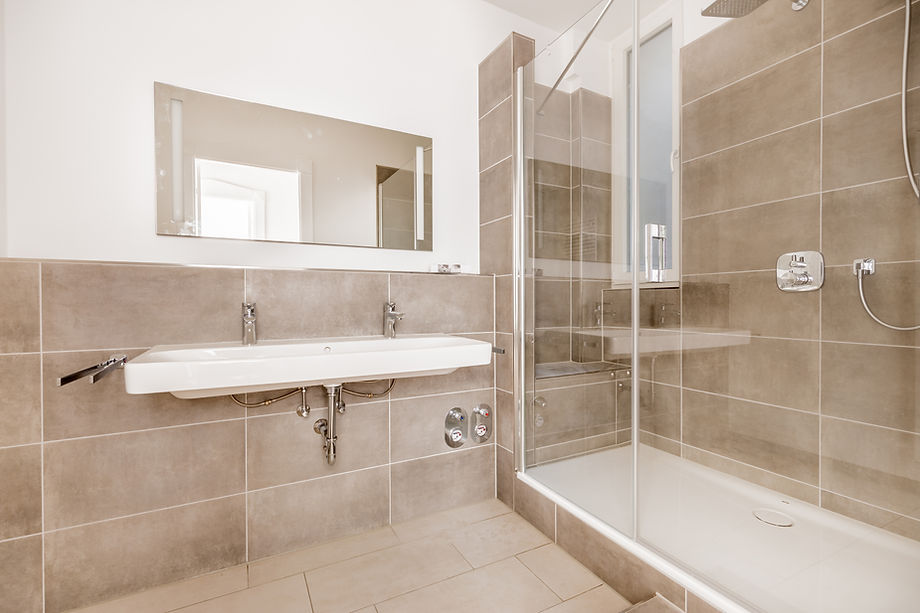 modern bathroom interior with sinks and shower area