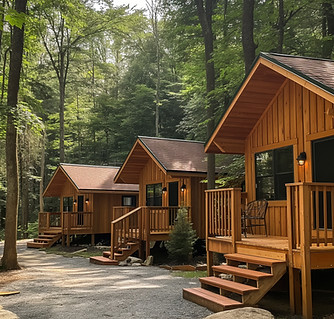 Wooden Cabins in Forest
