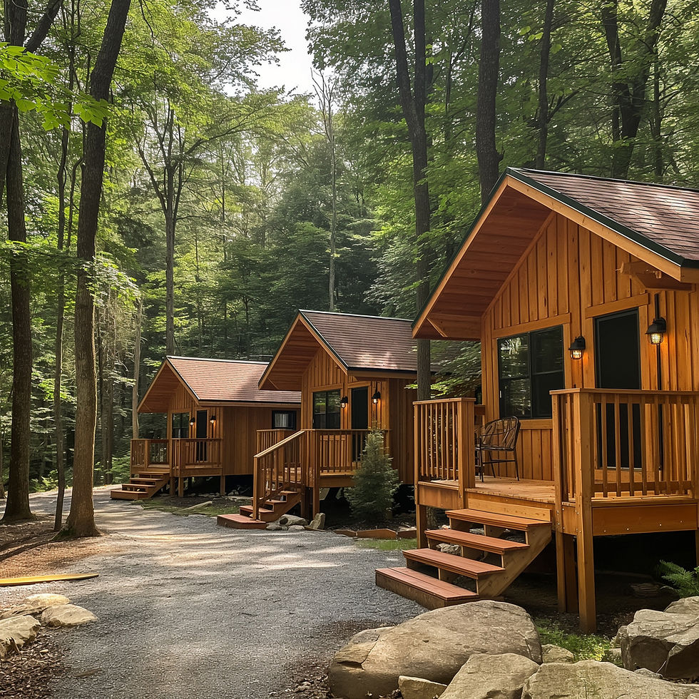 Wooden Cabins in Forest
