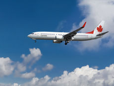 Air Canada aircraft flying in the sky as Air Canada stock trends in Canada