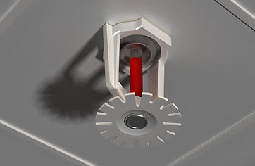 Sprinkler hanging on the ceiling. High resolution 3D rendering with shallow dept of field