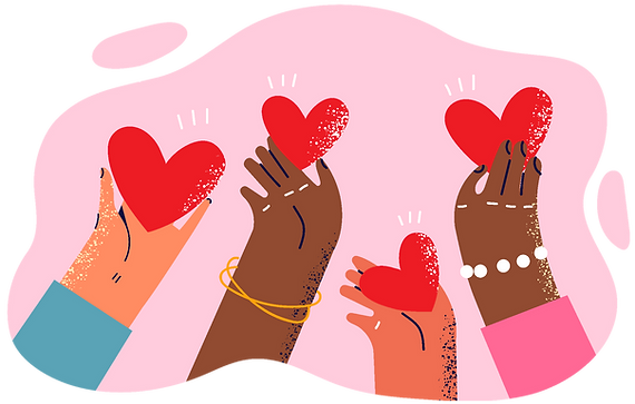 A drawing of hands of different skin tones holding hearts