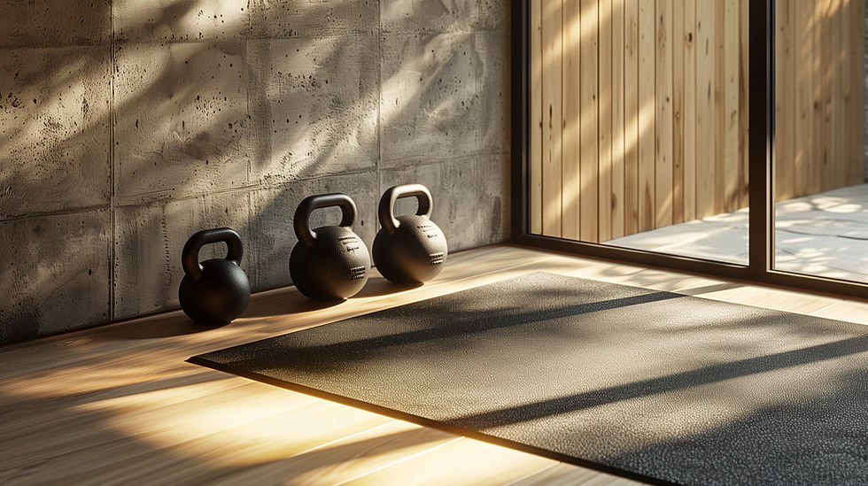 Kettlebells auf dem sonnenbeschienenen Boden des Fitnessstudios