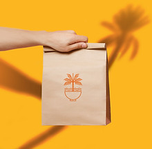 Mano que sostiene la bolsa de papel marrón