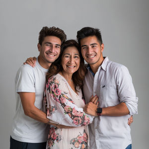 a woman in a floral dress is being hugged by two men