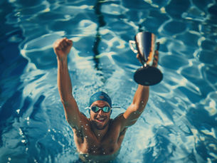 swimmer in pool holding up winning trophy