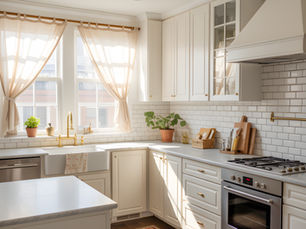 Sunlit white kitchen with brass fixtures and potted plants.